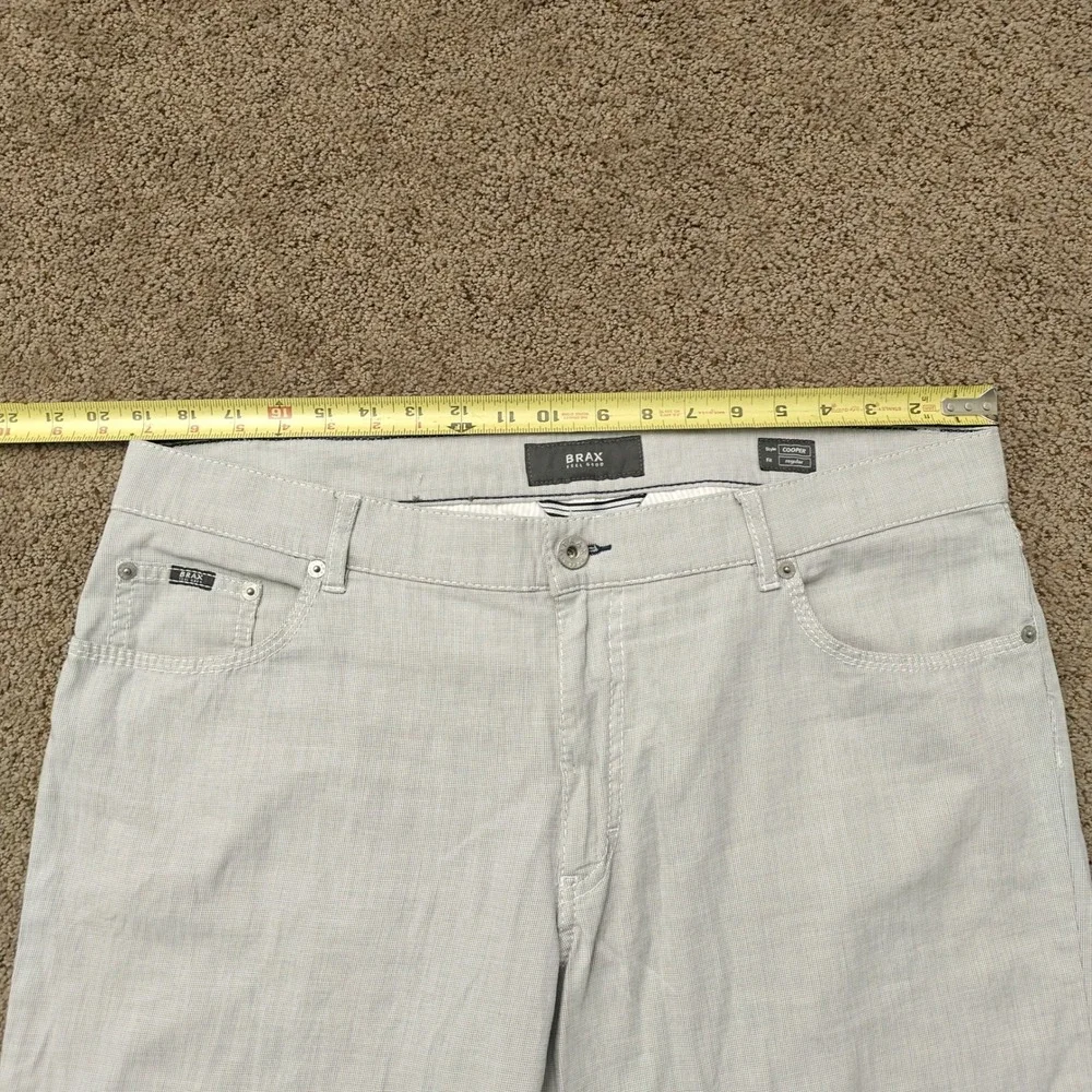 Brax Cooper Regular Fit Pants‎ Mens 38/32 Light Grey Cotton Stretch Micro Check